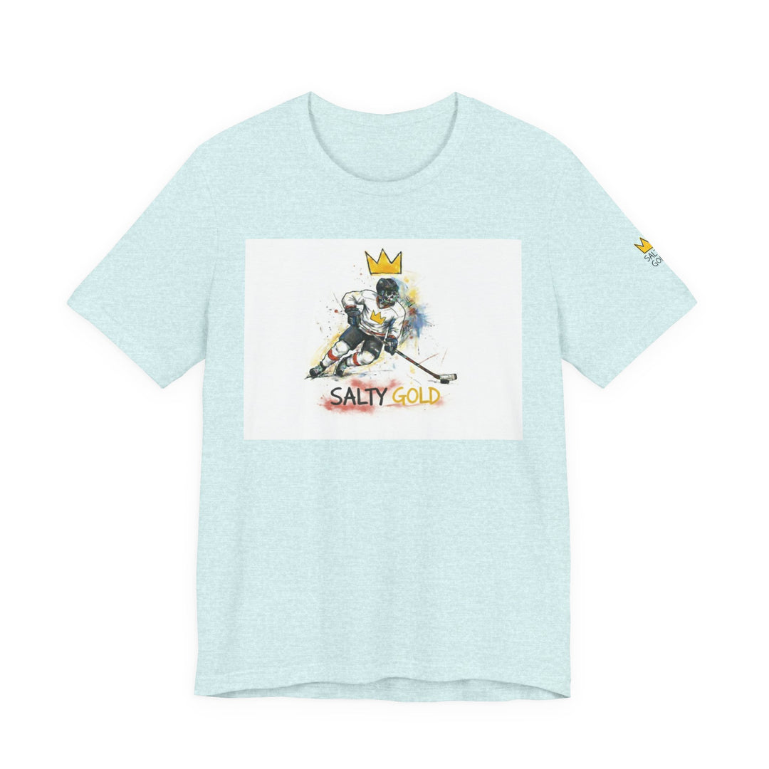 Light blue heather tee, Salty Gold skeleton hockey player with gold crown.