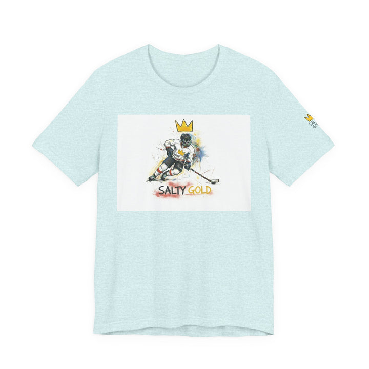Light blue heather tee, Salty Gold skeleton hockey player with gold crown.