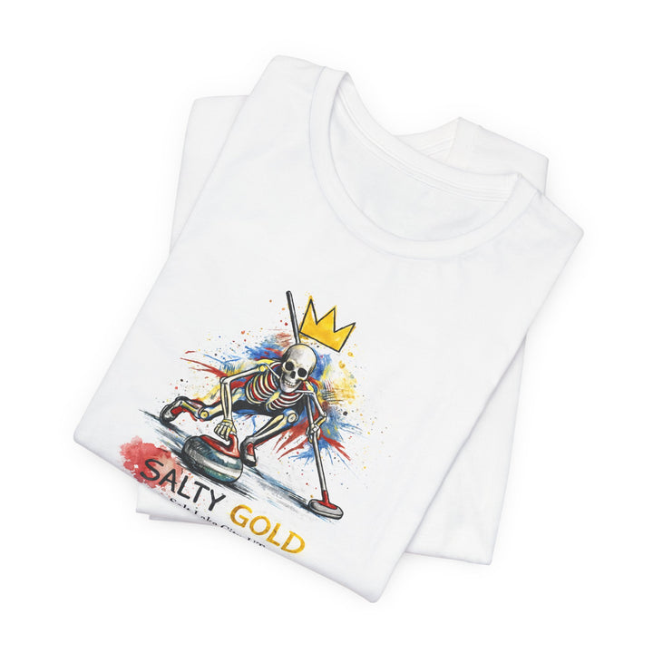 White Salty Gold Skeleton Curling Sweep Tee. Multicolor graphic of skeleton wearing crown, sweeping curling stone.