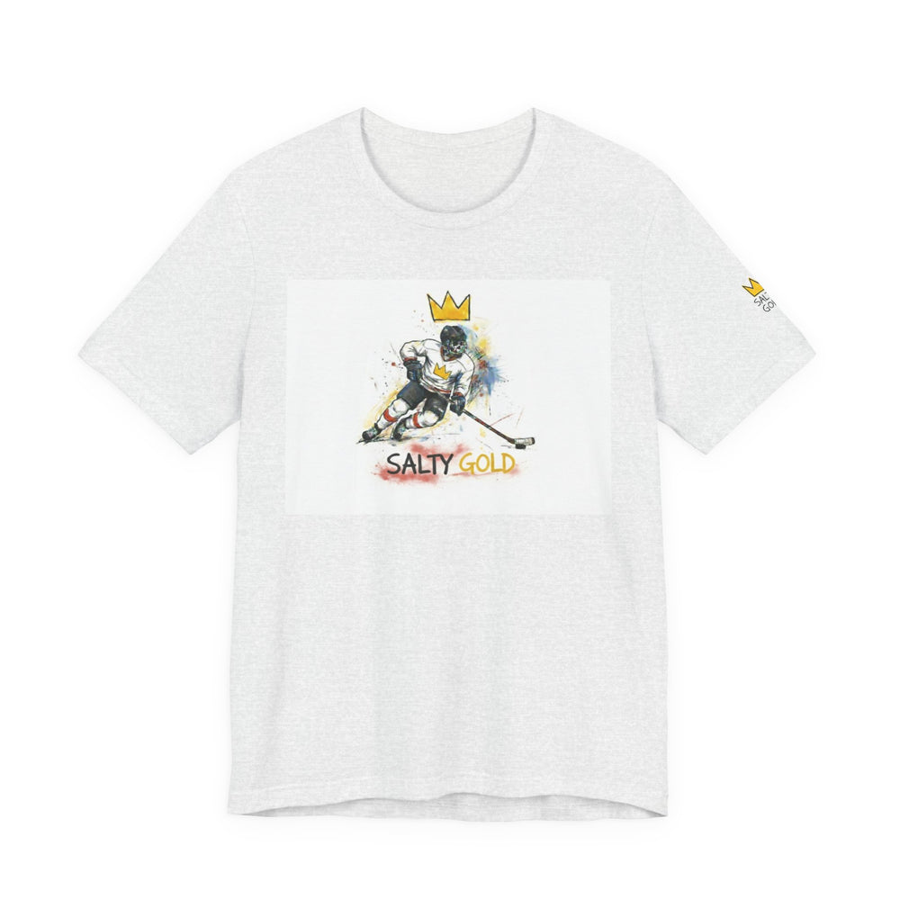 Heather grey Salty Gold short track tee featuring an Olympic hockey player graphic with a gold crown.