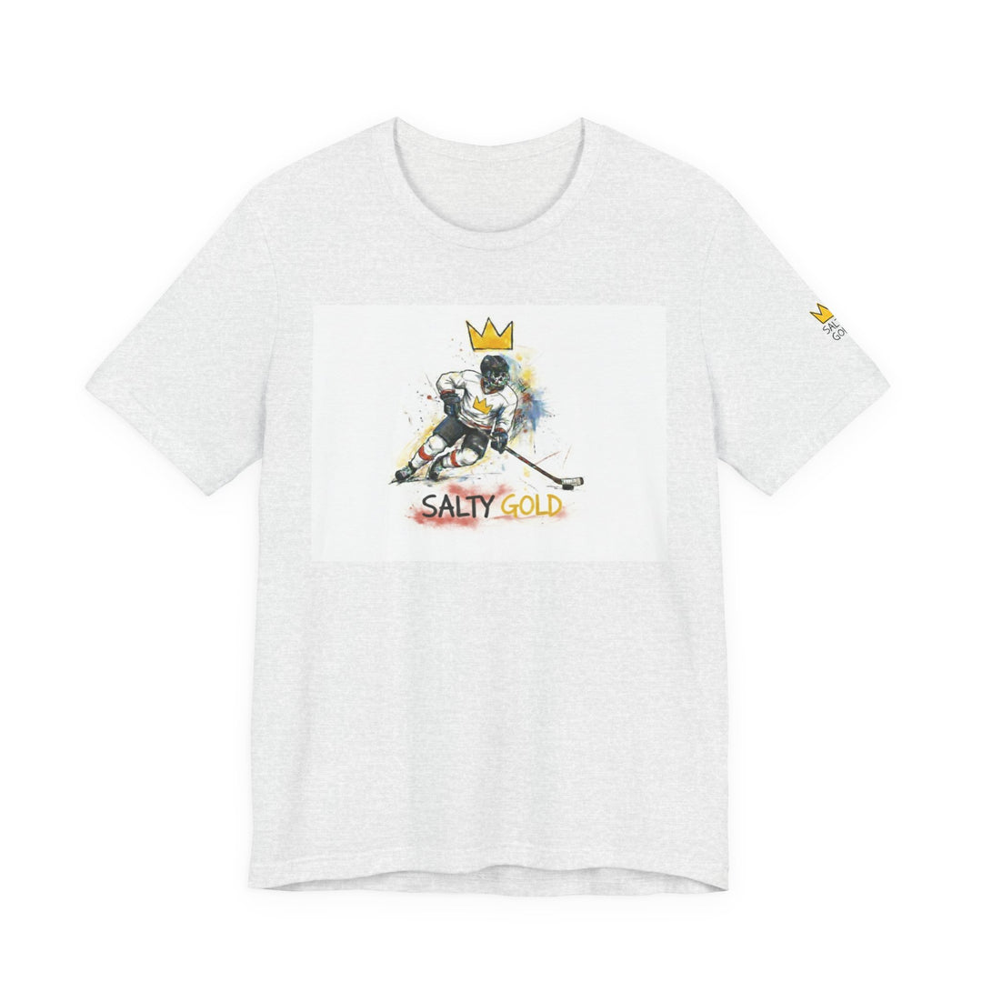 Heather grey Salty Gold short track tee featuring an Olympic hockey player graphic with a gold crown.