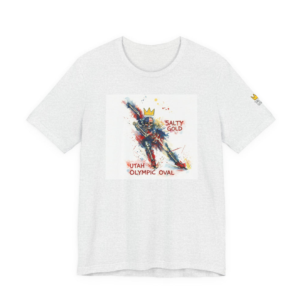 Salty Gold Long Track Skeleton Tee: white/grey, featuring colorful skeleton speed skater graphic & Utah Olympic Oval.
