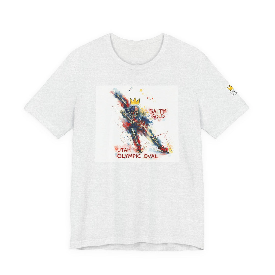 Salty Gold Long Track Skeleton Tee: white/grey, featuring colorful skeleton speed skater graphic &amp; Utah Olympic Oval.