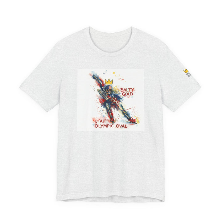 Salty Gold Long Track Skeleton Tee: white/grey, featuring colorful skeleton speed skater graphic &amp; Utah Olympic Oval.