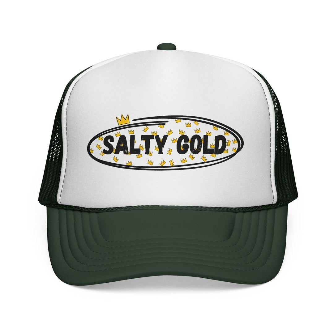 Salty Gold Trucker Cap — Crowned Leopard Logo Mesh Hat
