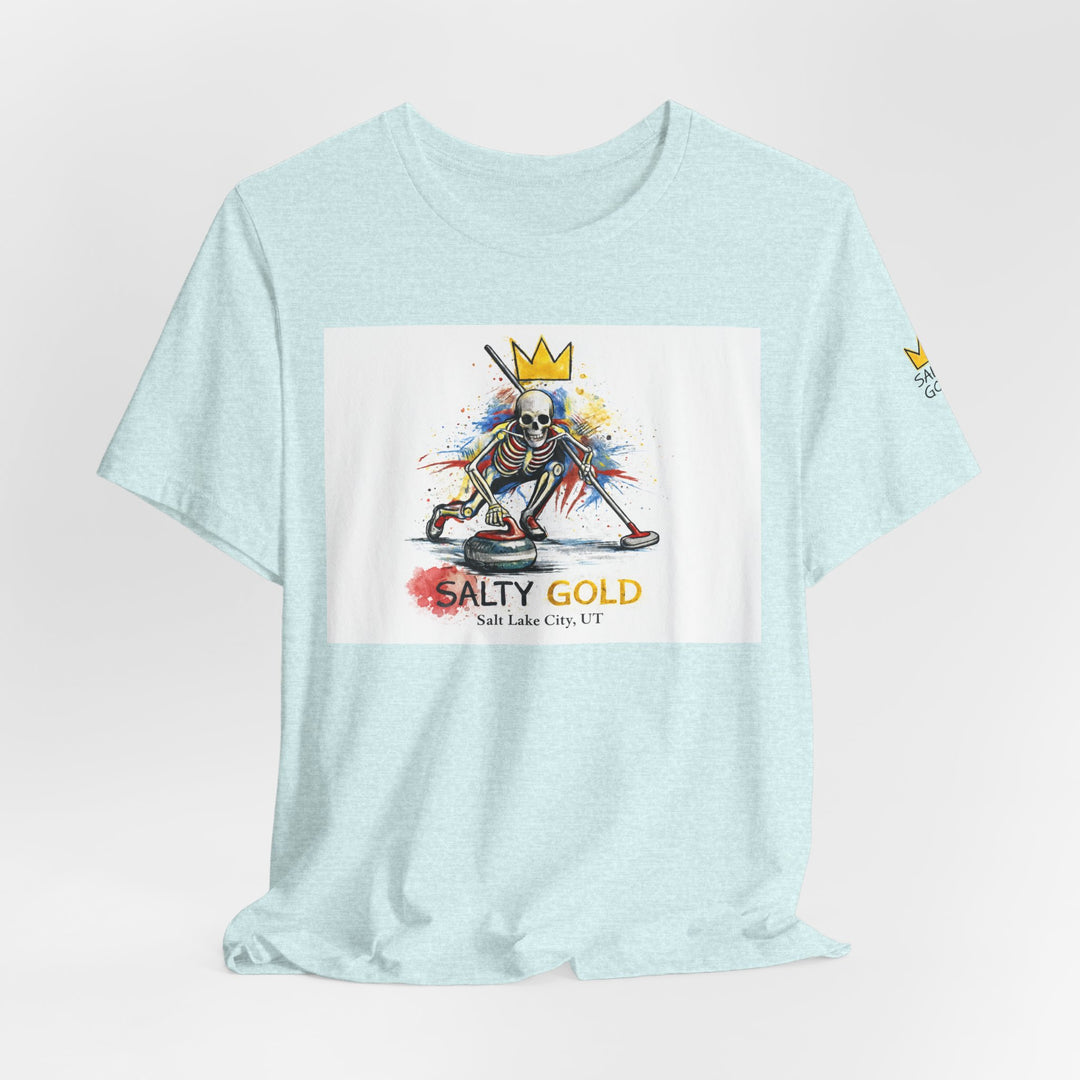 Light blue Salty Gold t-shirt with a vibrant multicolor skeleton curling sweep graphic print.