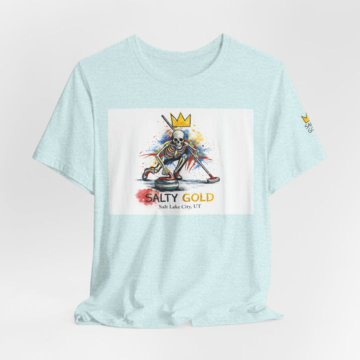 Light blue Salty Gold t-shirt with a vibrant multicolor skeleton curling sweep graphic print.