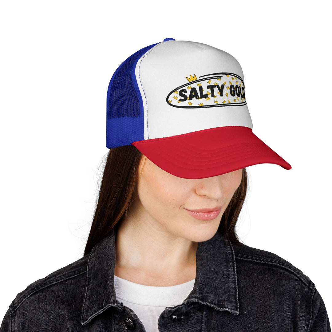 Salty Gold Trucker Cap — Crowned Leopard Logo Mesh Hat