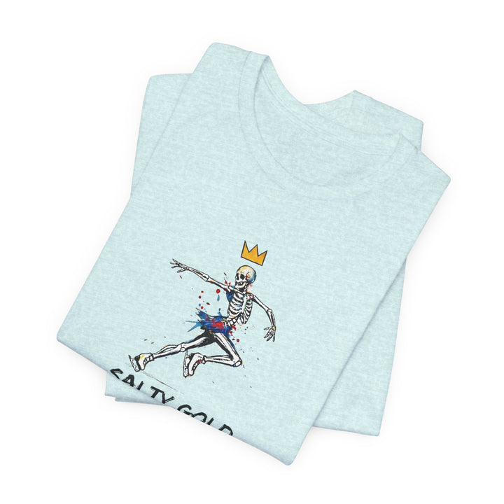Salty Gold skeleton figure skating tee. Heather light blue shirt with colorful crowned skeleton design.