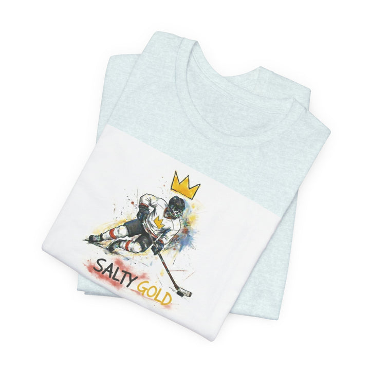 Heather blue Olympic short track tee with skeleton hockey player, gold crown, and &