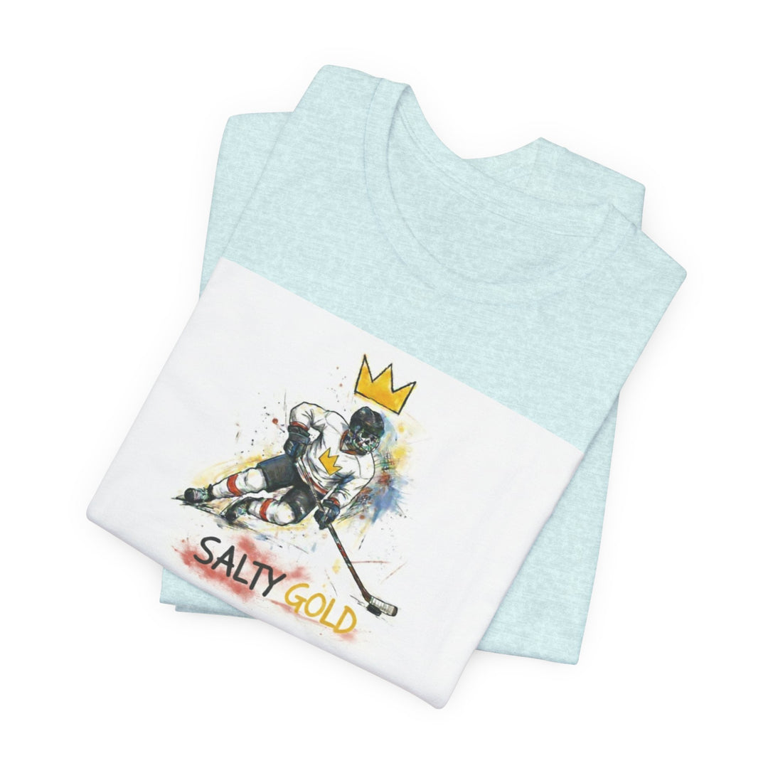 Light blue heather tee with white &