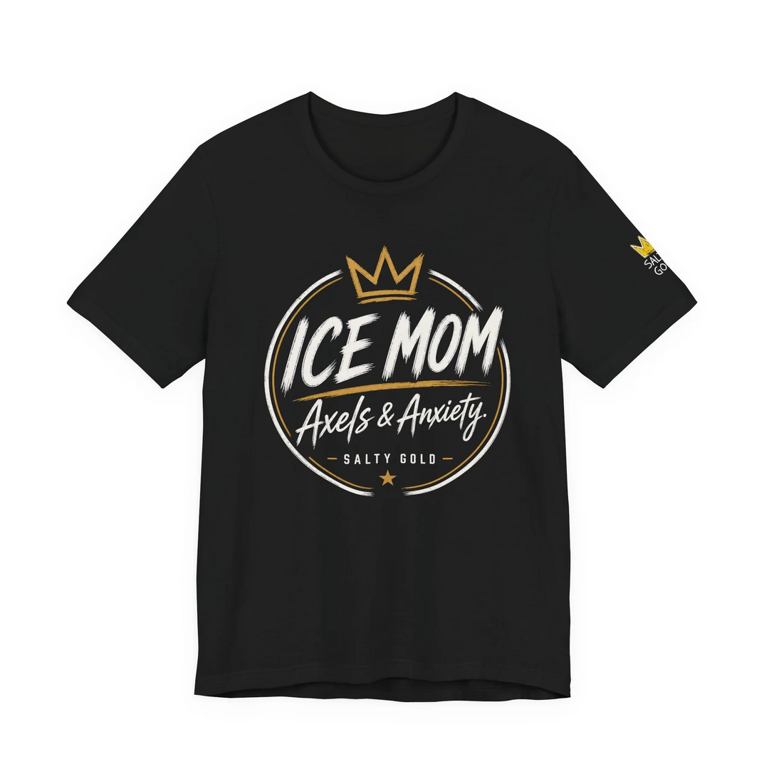 Black Ice Mom Axels & Anxiety tee with white & gold Salty Gold logo for figure skating moms.