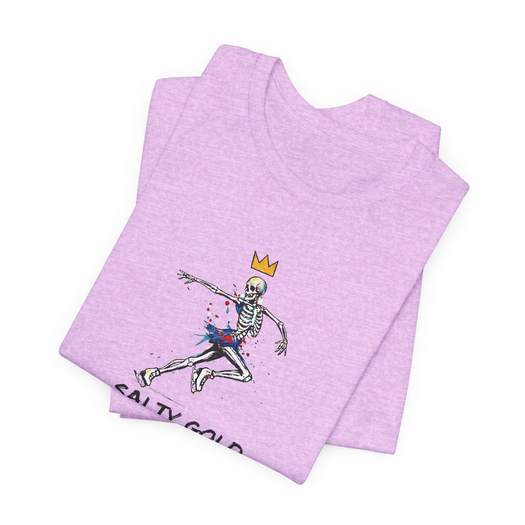 Purple Salty Gold skeleton figure skating t-shirt, gold crown, paint splatters.