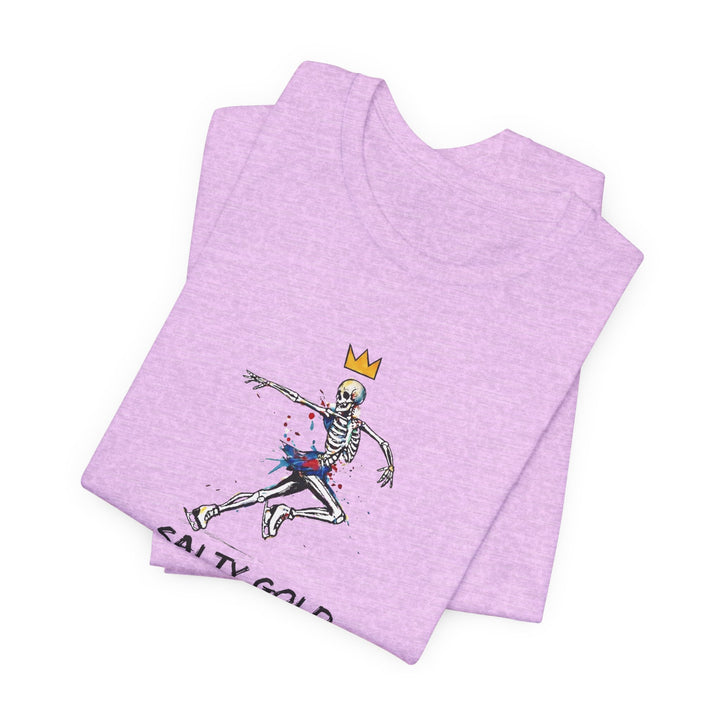 Purple Salty Gold skeleton figure skating t-shirt, gold crown, paint splatters.