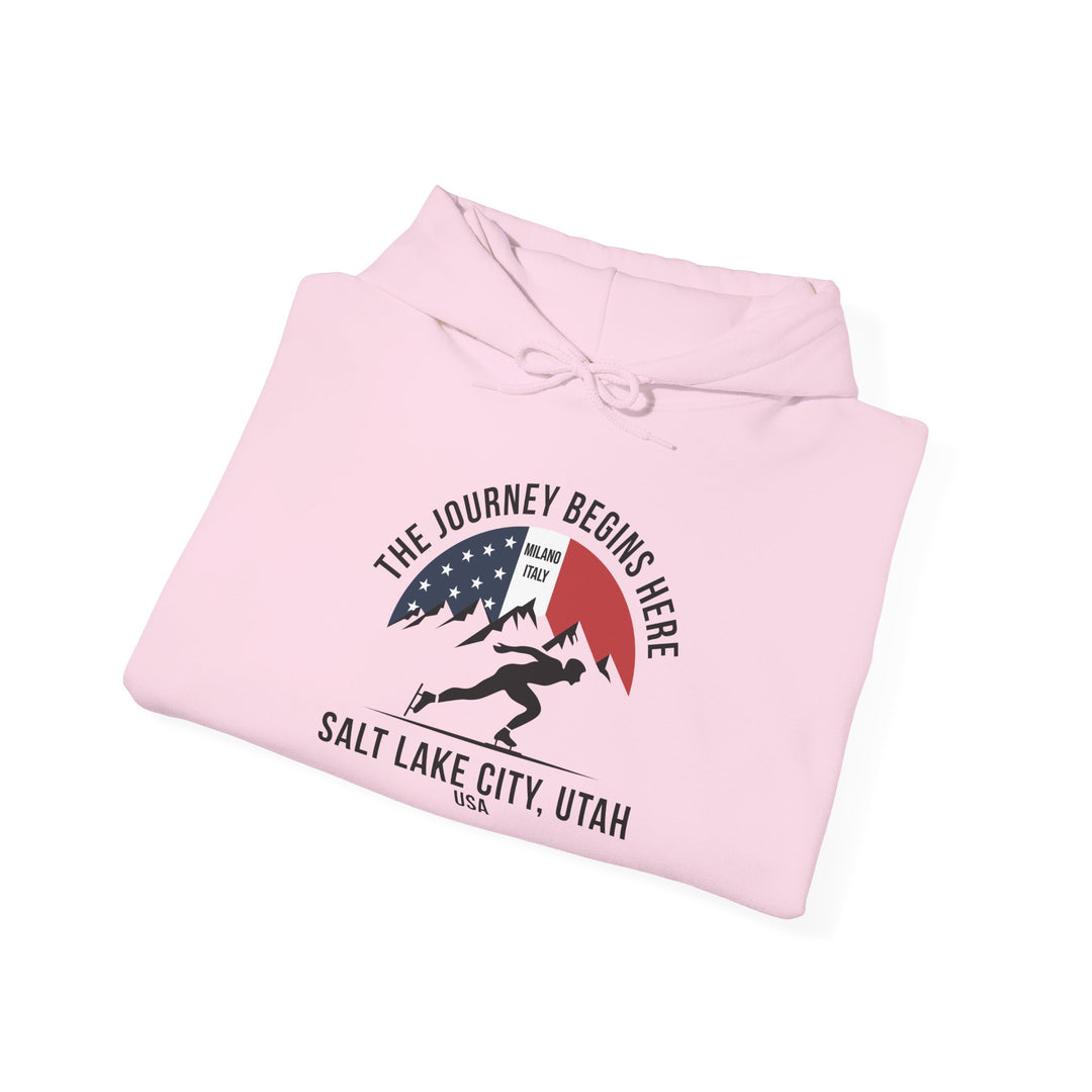 Speed Skating Hoodie - "The Journey Begins Here" - Printify | Salty Gold Supply Co.