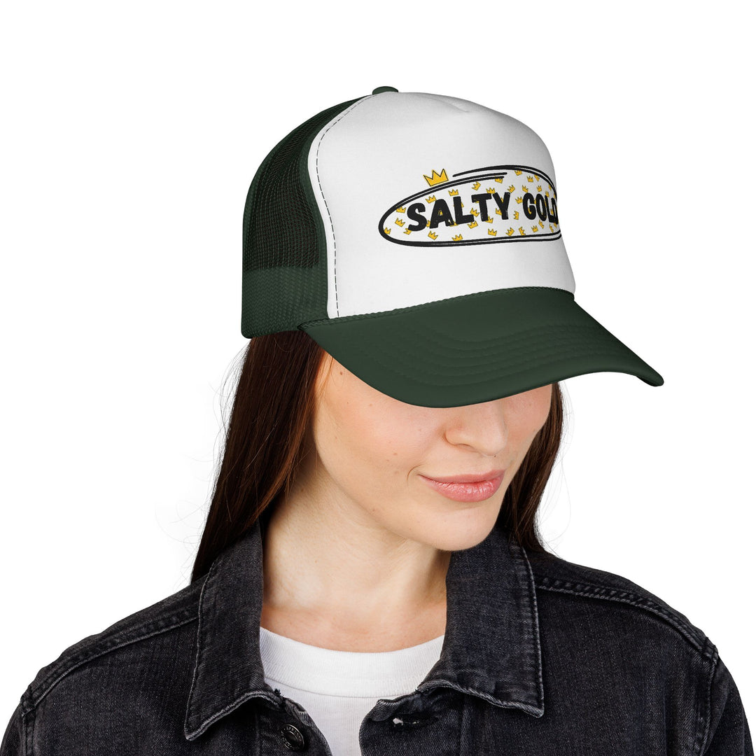 Salty Gold Trucker Cap — Crowned Leopard Logo Mesh Hat
