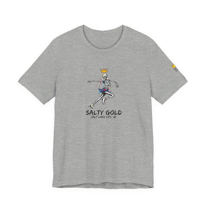 Grey Salty Gold Skeleton Figure Skating Tee with a gold crown, multi-color splash graphic.