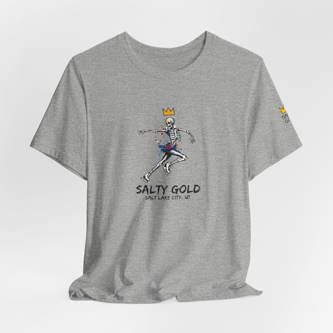 SALTY GOLD Skeleton Figure Skating Tee. Heather grey t-shirt with gold crown, blue, red graphic.