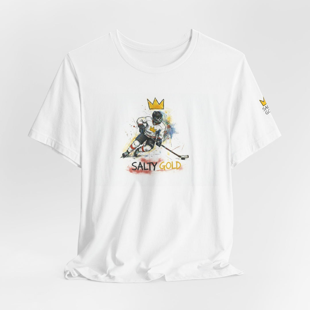 White Salty Gold Olympic Oval Short Track Tee with colorful skeleton skater graphic and gold crown.