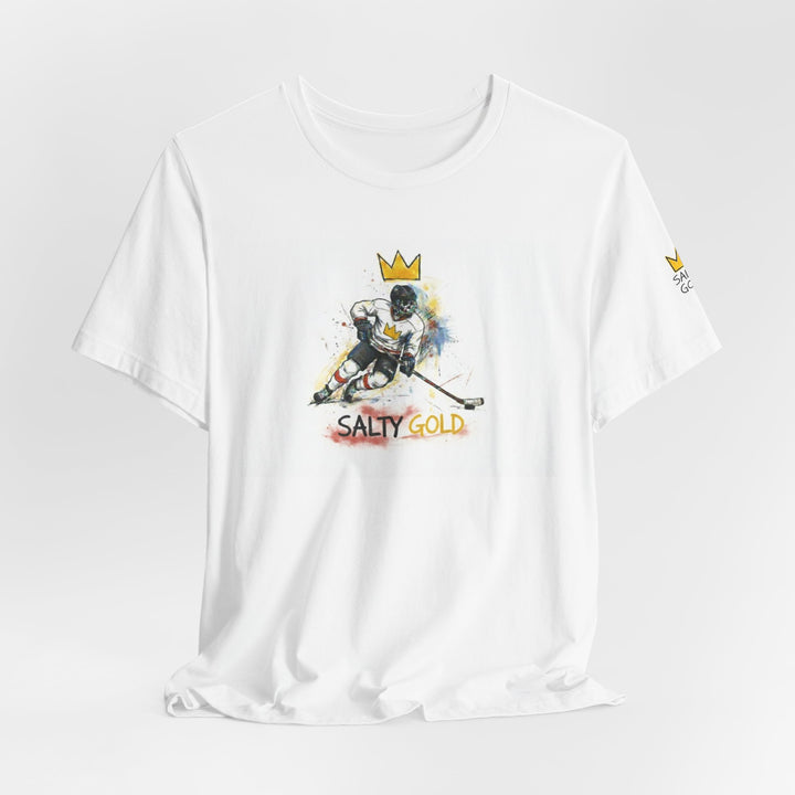 White Salty Gold Olympic Oval Short Track Tee with colorful skeleton skater graphic and gold crown.