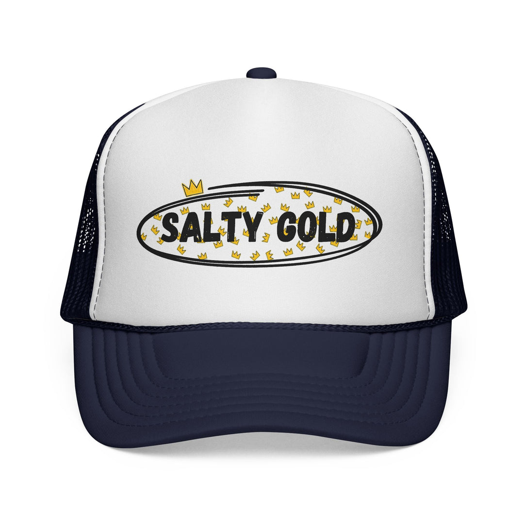 Salty Gold Trucker Cap — Crowned Leopard Logo Mesh Hat