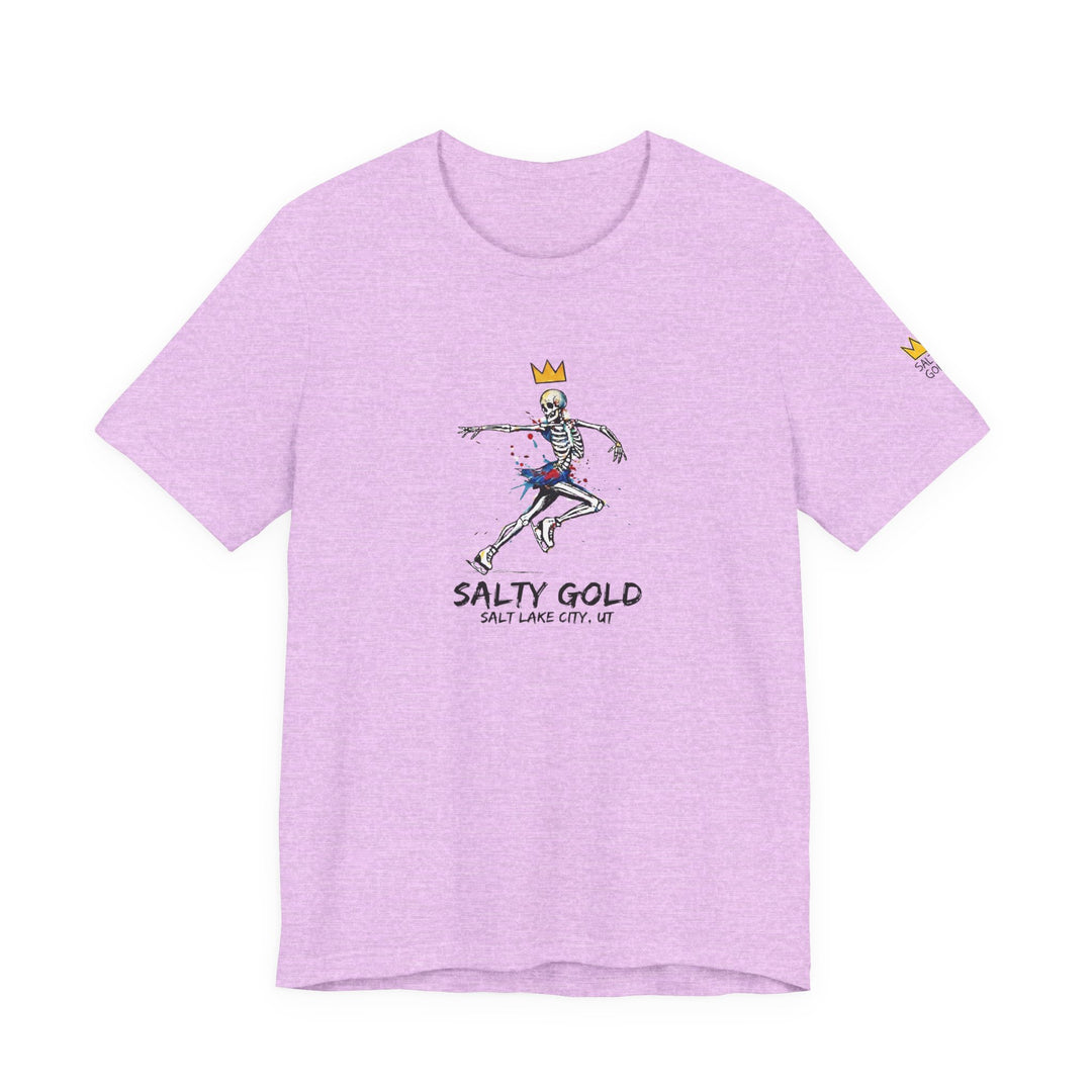 Salty Gold lavender skeleton figure skating graphic tee with crown.