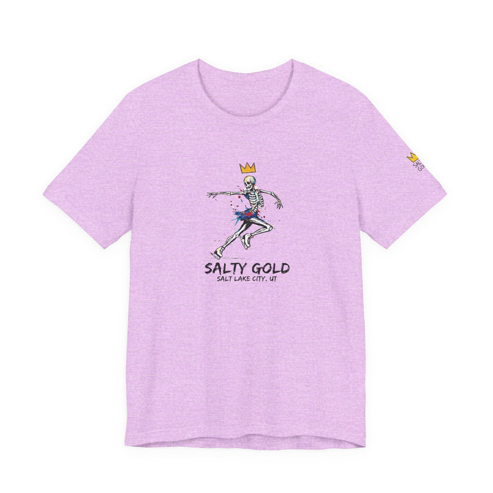 Salty Gold lavender skeleton figure skating graphic tee with crown.
