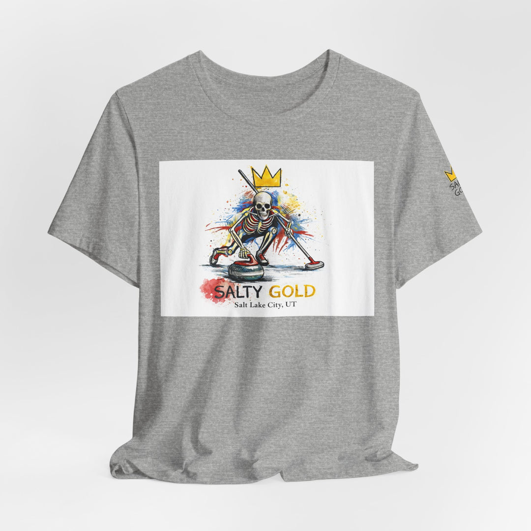 Gray Salty Gold skeleton curling sweep tee with colorful graphic featuring a crown, Salt Lake City, UT.