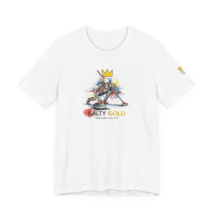 White Salty Gold Skeleton Curling Sweep Tee with a colorful graphic of a crowned skeleton sweeping a curling stone.