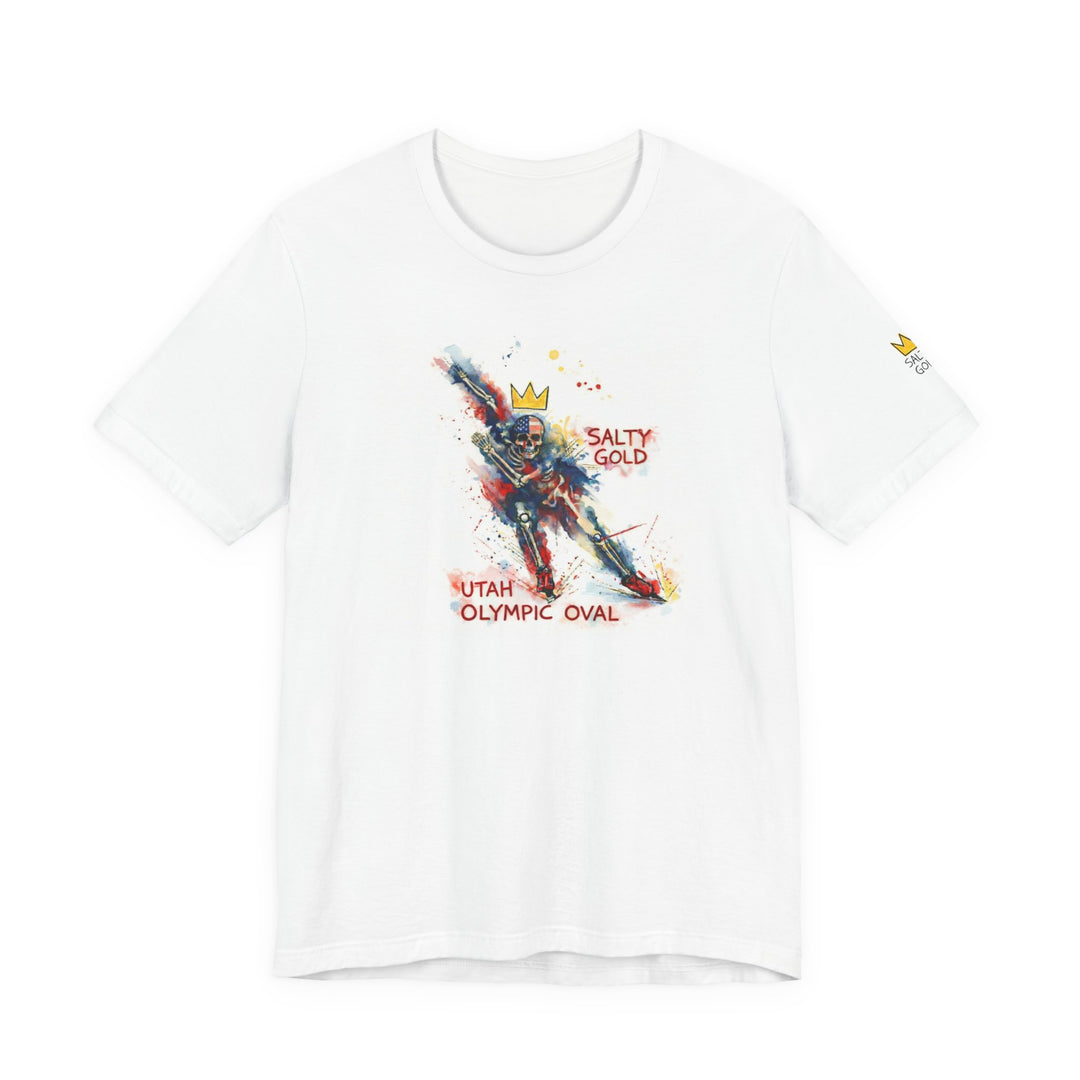 White SALTY GOLD Long Track Skeleton Tee with multi-color watercolor speed skater graphic & Utah Olympic Oval.