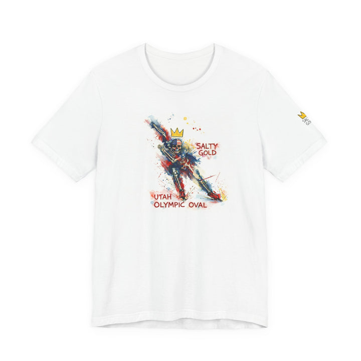 White SALTY GOLD Long Track Skeleton Tee with multi-color watercolor speed skater graphic &amp; Utah Olympic Oval.