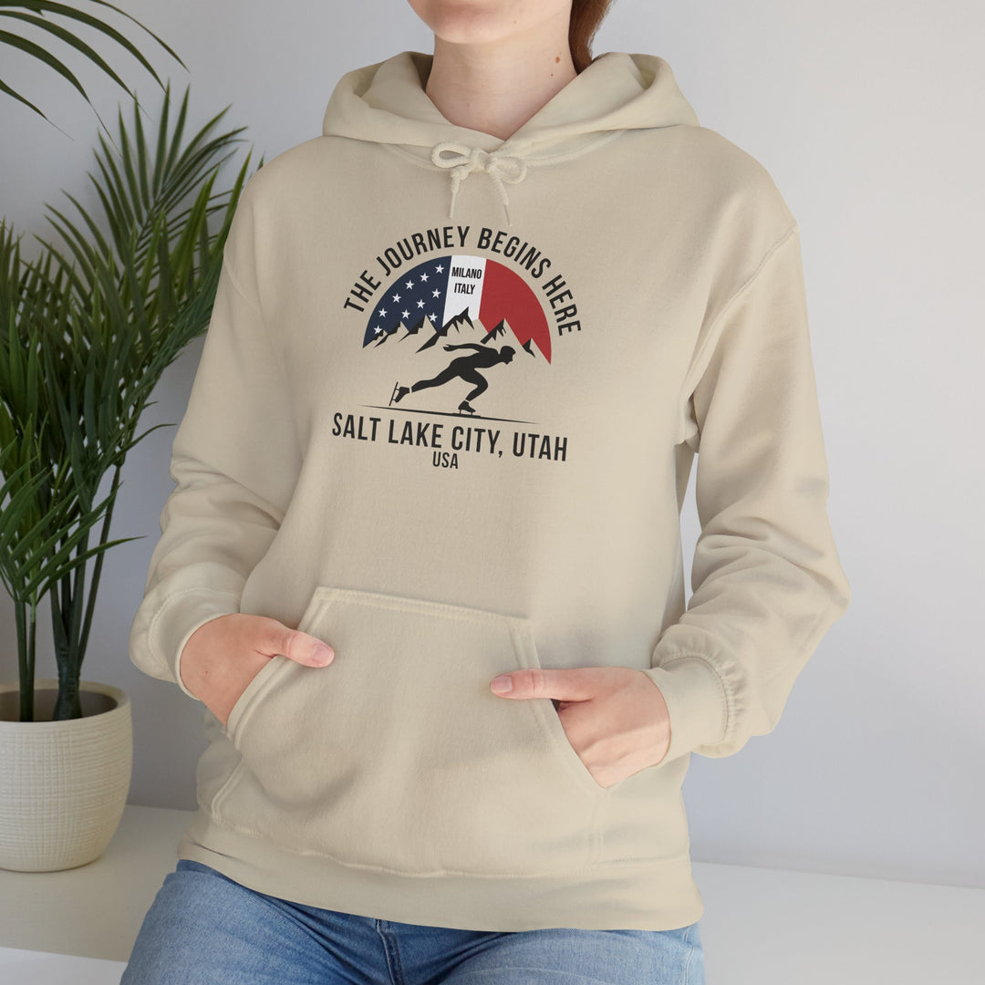 Speed Skating Hoodie - "The Journey Begins Here" - Printify | Salty Gold Supply Co.