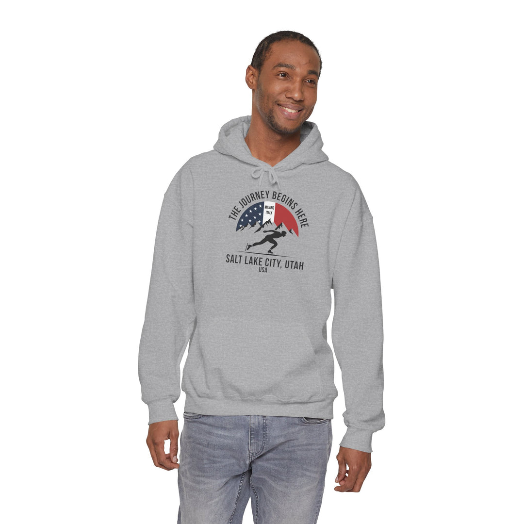 Speed Skating Hoodie - "The Journey Begins Here" - Printify | Salty Gold Supply Co.