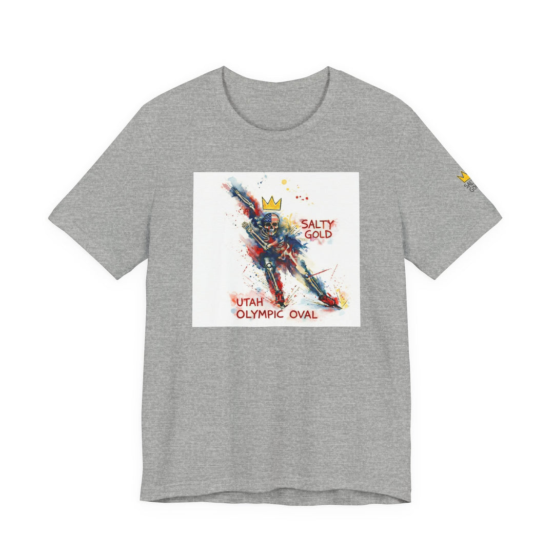 Grey Salty Gold Long Track Skeleton Tee shirt. Blue, red, gold watercolor design, Utah Olympic Oval.