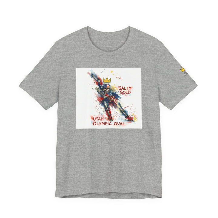 Grey Salty Gold Long Track Skeleton Tee shirt. Blue, red, gold watercolor design, Utah Olympic Oval.