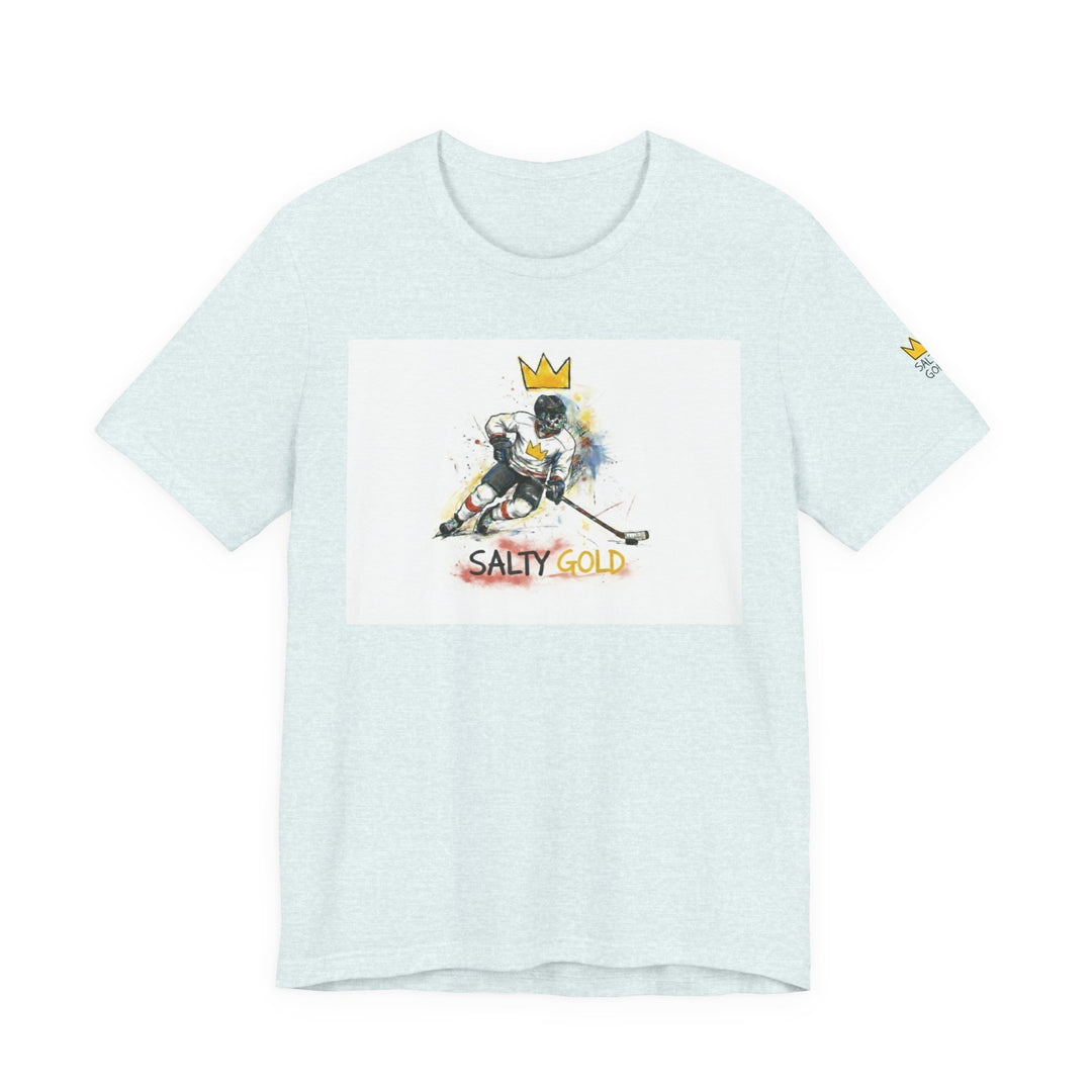 Light blue heather SALTY GOLD tee with Olympic Oval Short Track Skeleton skater graphic &amp; crown.