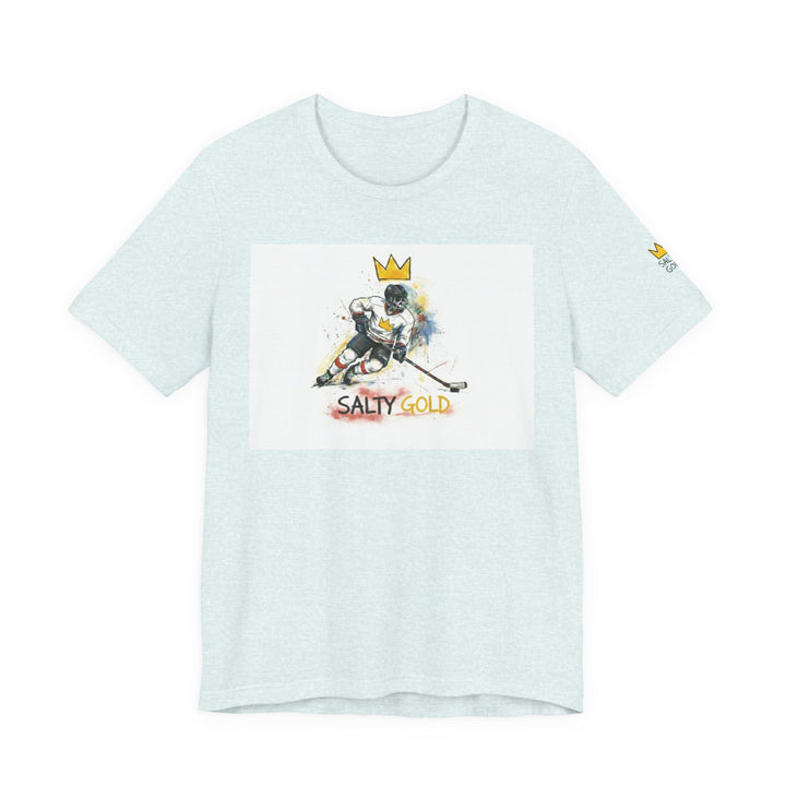 Light blue heather SALTY GOLD tee with Olympic Oval Short Track Skeleton skater graphic &amp; crown.