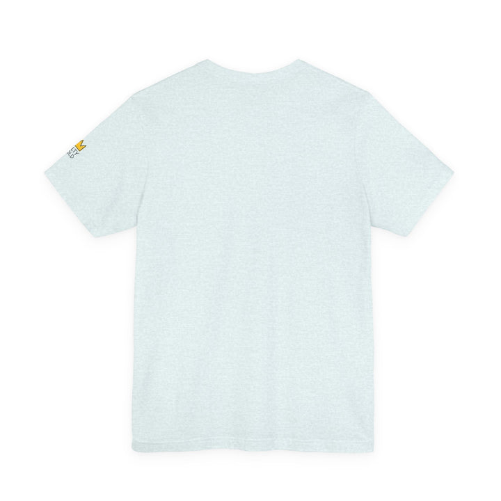 Salty Gold Skeleton Curling Sweep Tee. Back view of heather white/light blue t-shirt with small gold sleeve logo.