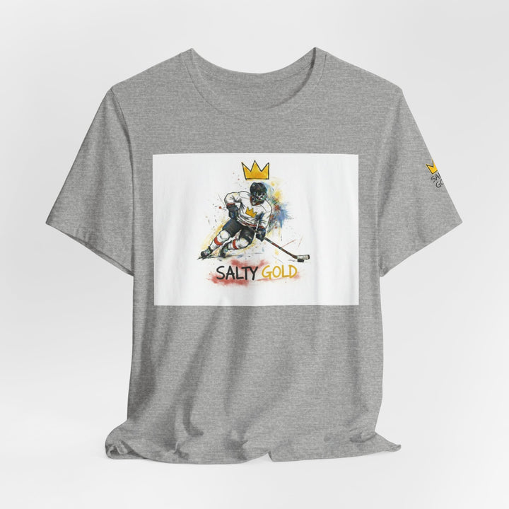 Grey SALTY GOLD Skeleton Short Track TEE with skater graphic &amp; gold crown. Olympic Oval branding.