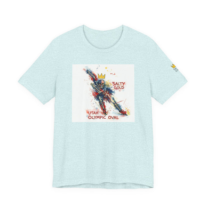 Heather aqua Long Track Skeleton Tee with a colorful Salty Gold speed skater graphic, Utah Olympic Oval.