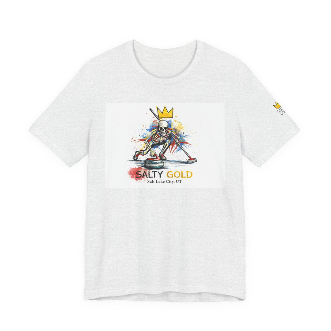 Salty Gold skeleton curling sweep tee. Heather grey, colorful graphic with gold crown.