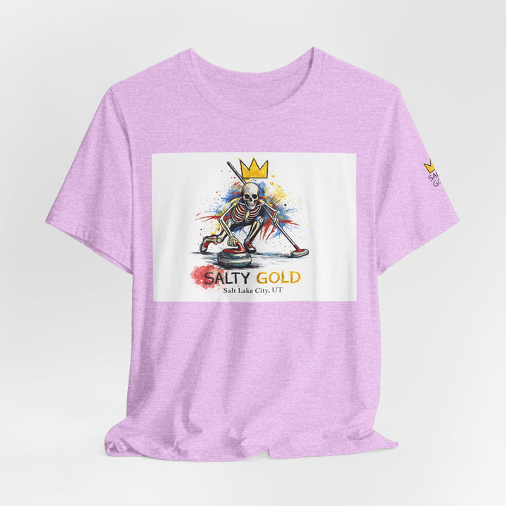 Light purple Salty Gold Skeleton Curling Sweep Tee. Colorful design with skeleton, crown, and curling stone. Unique t-shirt.