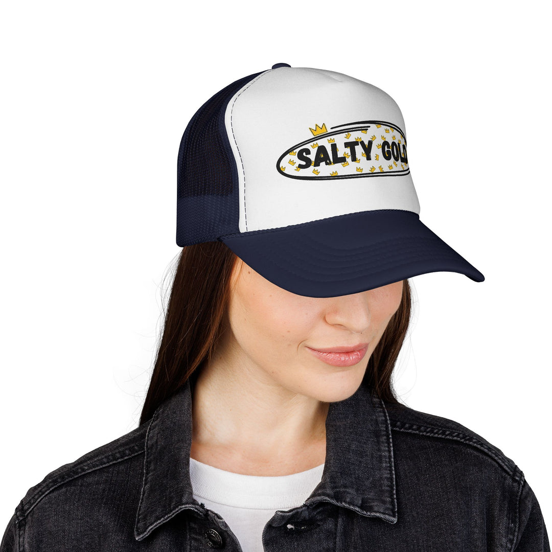 Salty Gold Trucker Cap — Crowned Leopard Logo Mesh Hat