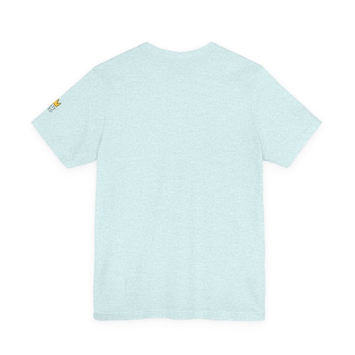 Light blue heathered SALTY GOLD OLYMPIC OVAL SKELETON SHORT TRACK tee with gold logo on sleeve.
