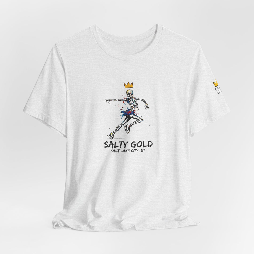 White Salty Gold tee with colorful skeleton figure skater, gold crown &amp; paint splatter. Salt Lake City UT.