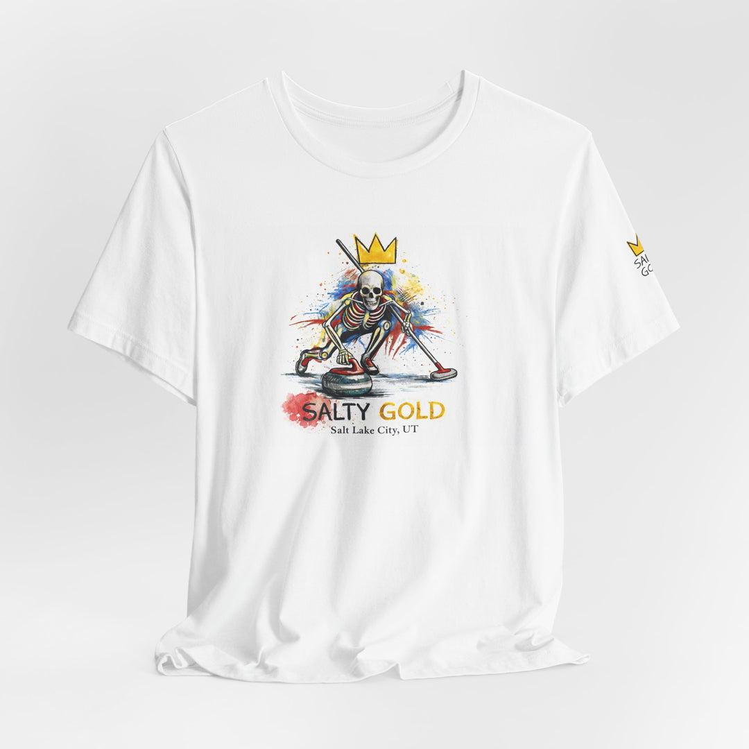White Salty Gold t-shirt with colorful skeleton curling sweep graphic &amp; gold crown.