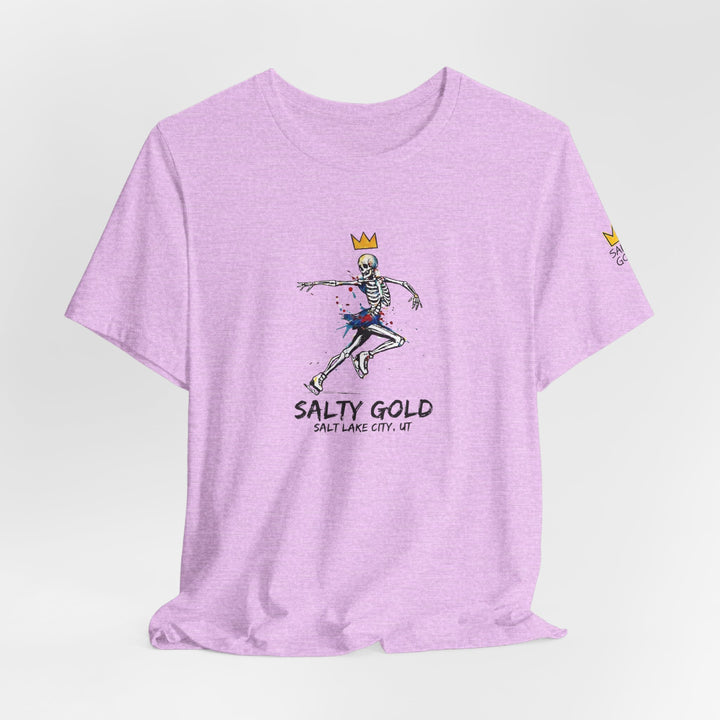 Pink Salty Gold skeleton figure skating tee with gold crown &amp; colorful splatters. Salt Lake City, UT.