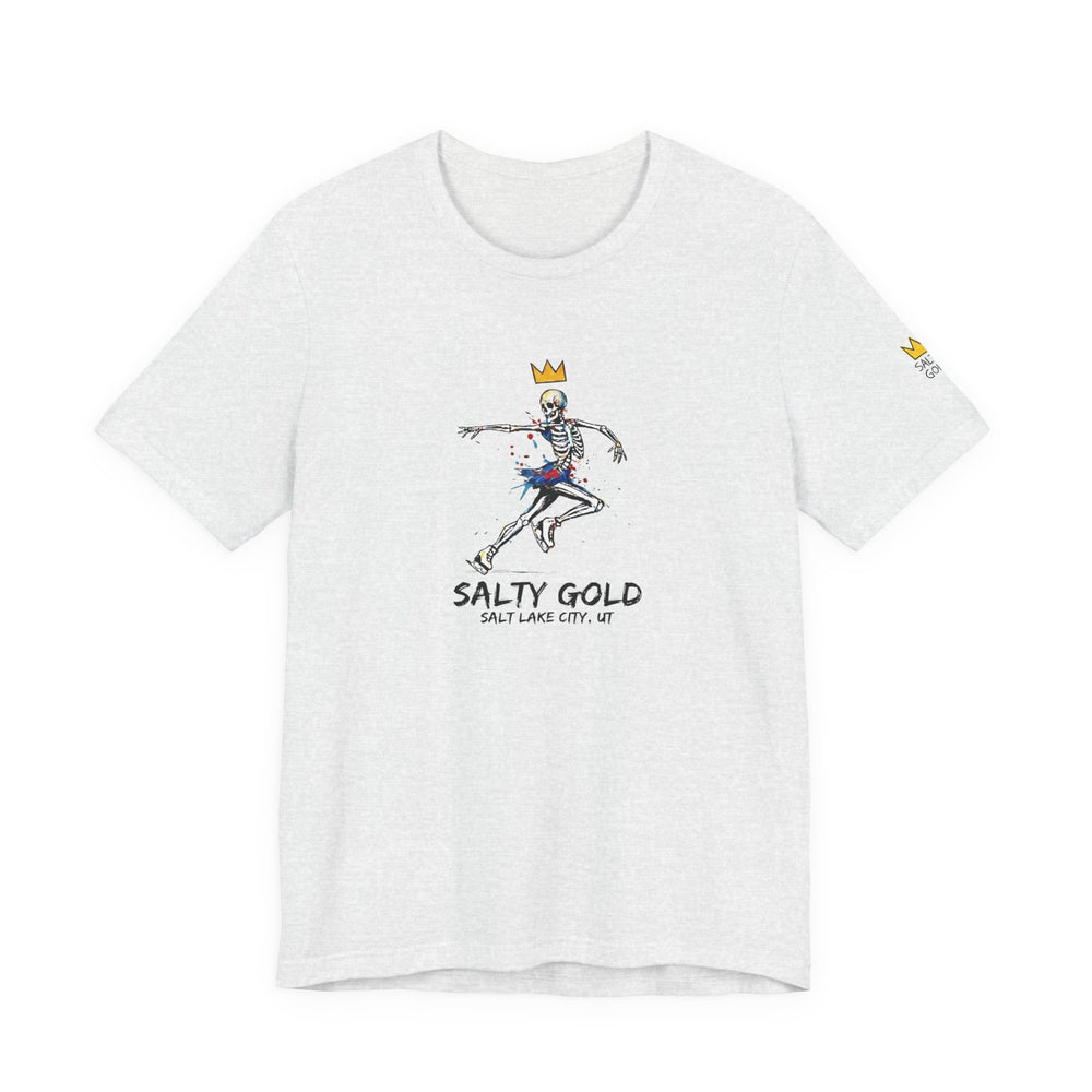 Heather grey Salty Gold skeleton figure skating tee with gold crown and colorful splatter graphic.