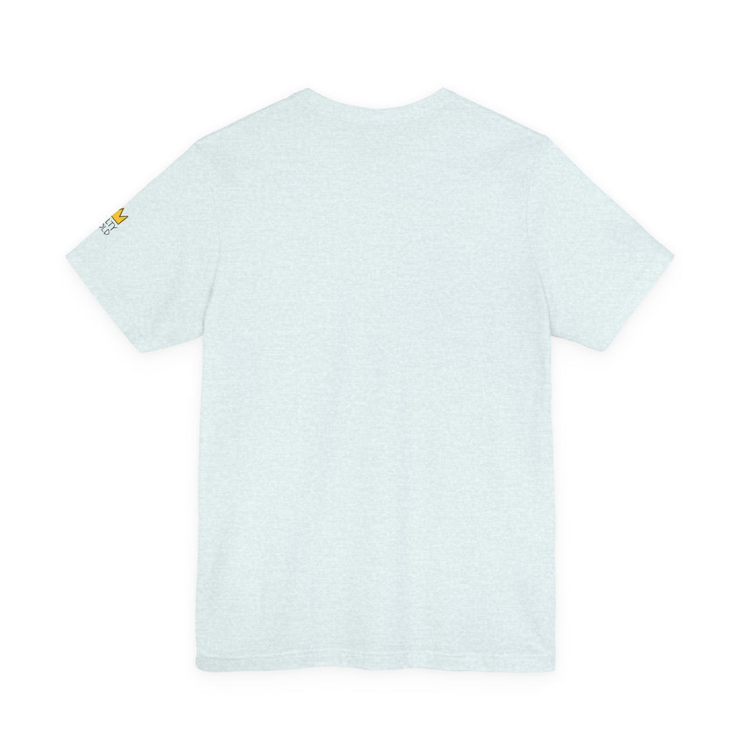 Heather grey Olympic Oval Short Track tee, back view, with small gold Salty Gold logo on sleeve.