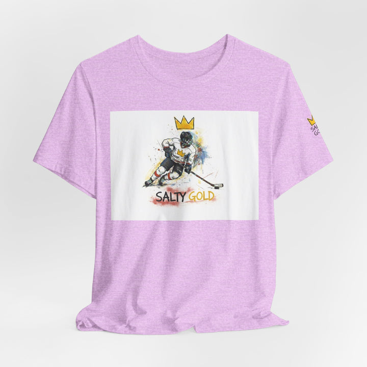 Lavender SALTY GOLD T-shirt with hockey player, crown art. Olympic Oval Skeleton Short Track tee.